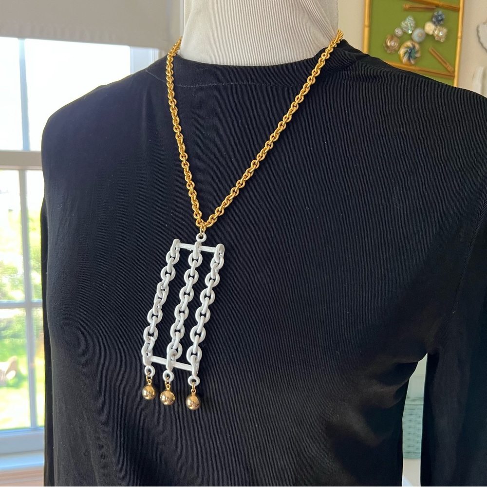 Vintage 60s Roget Necklace Gold White Metal Modernist MCM Pendant Chain - Picture 2 of 8